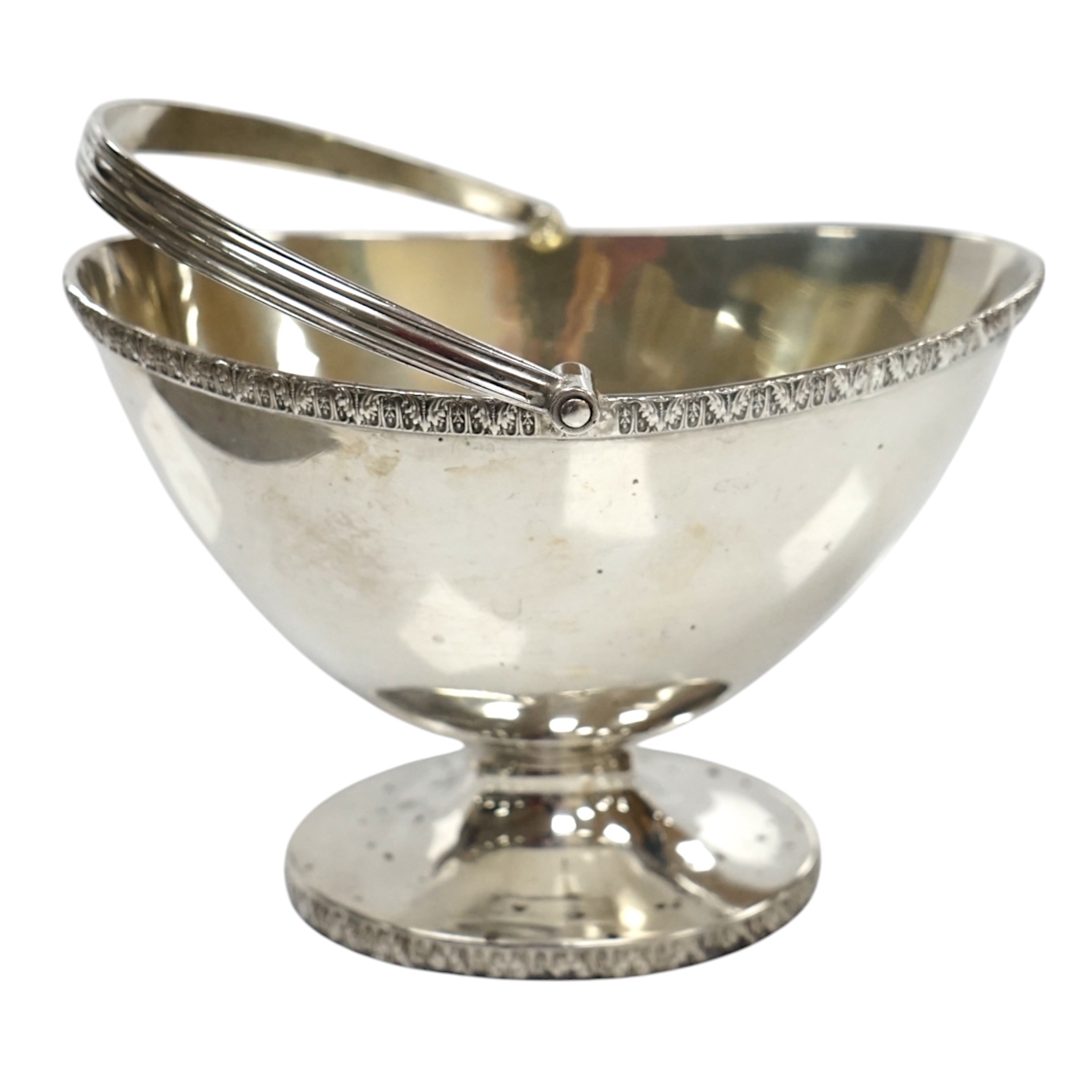 A George V silver oval sugar basket, Mappin & Webb, Birmingham, 1912, length 12.5cm, 6.2oz. Condition - fair